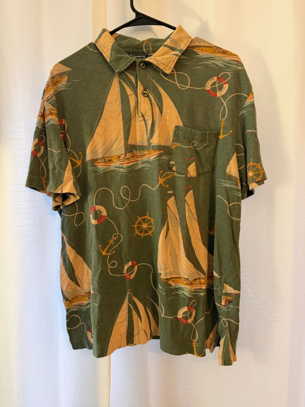 Vintage Ralph Lauren Olive Green & Tan Nautical Sailboat Polo
